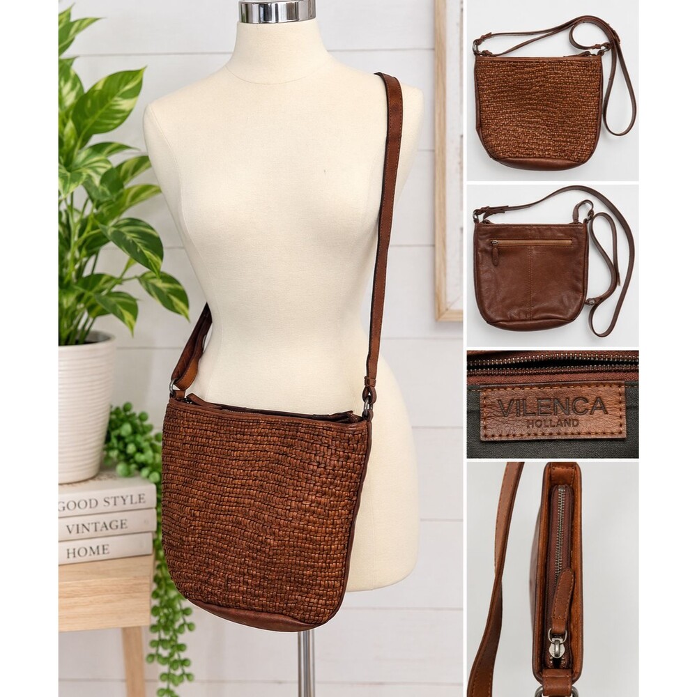 Vilenca Holland Leather Woven Purse Crossbody Shoulder Bag Boho Brown Cognac